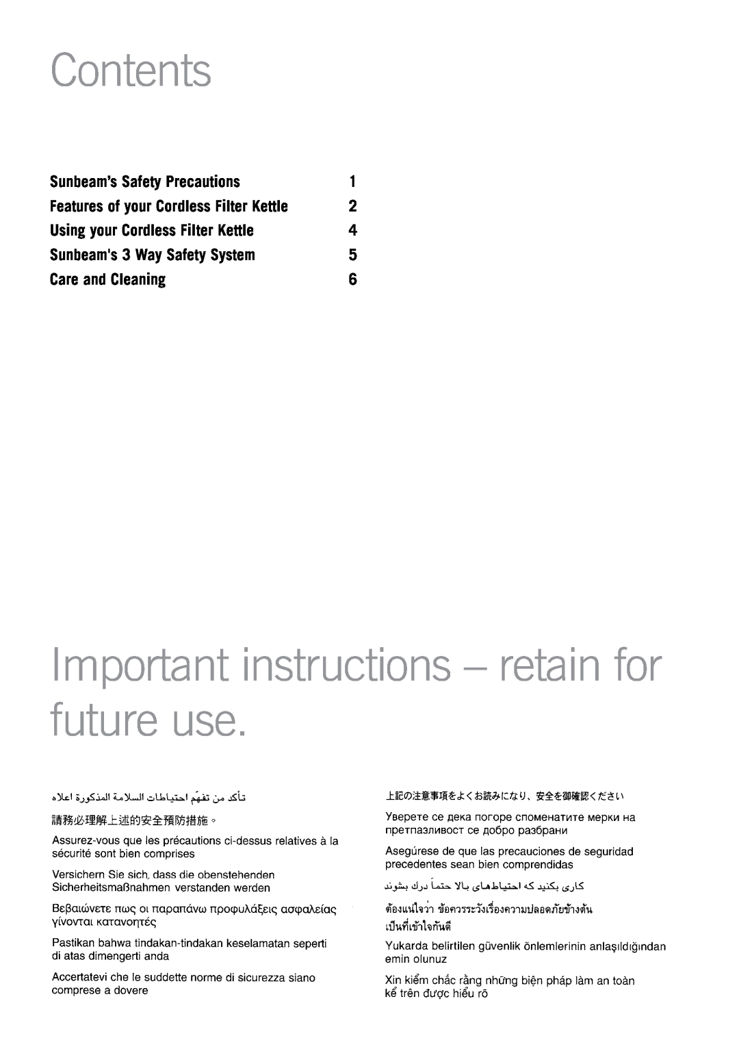 Sunbeam KE2350 Contents, Important instructions - retain for future use, Sunbeam’s Safety Precautions, Care and Cleaning 