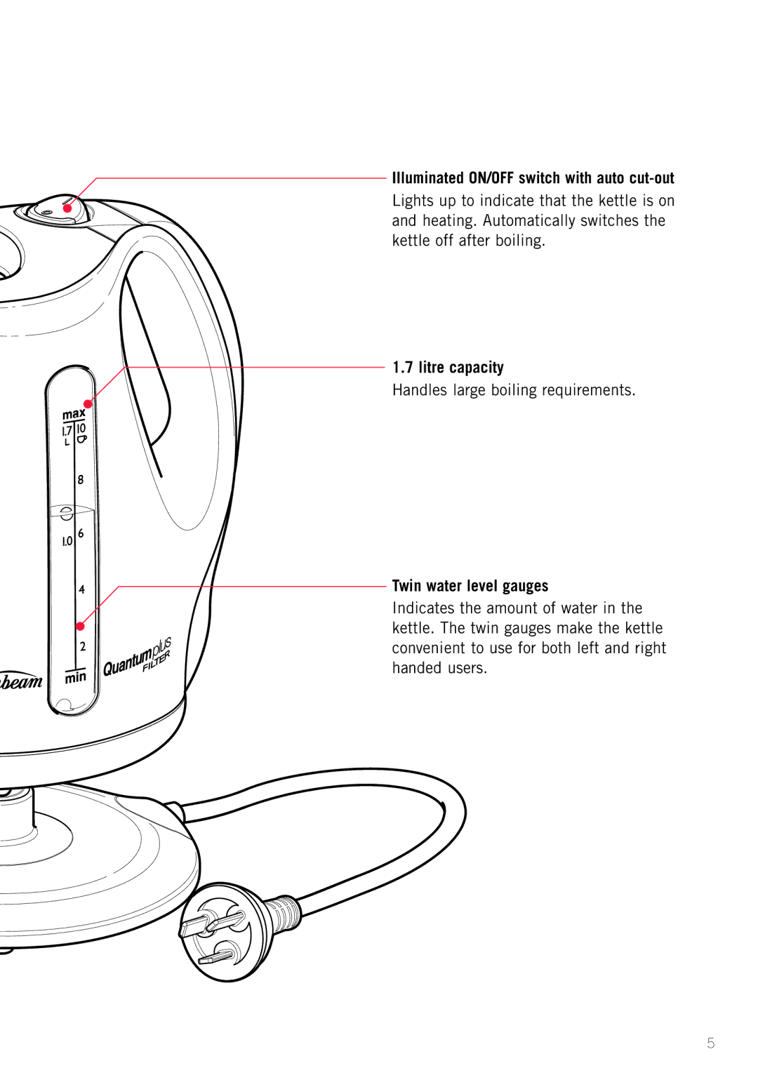 Sunbeam KE3560 manual Illuminated ON/OFF switch with auto cut-out, Litre capacity, Twin water level gauges 