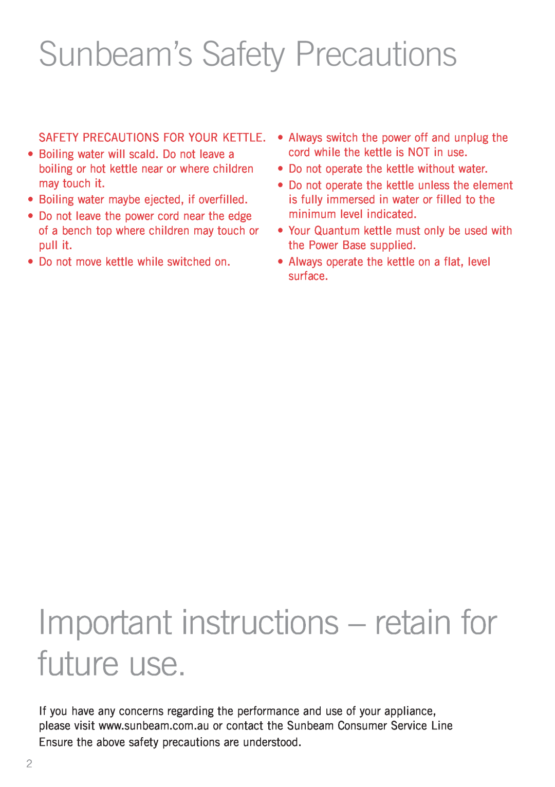 Sunbeam KE3560 manual Sunbeam’s Safety Precautions, Important instructions - retain for future use 