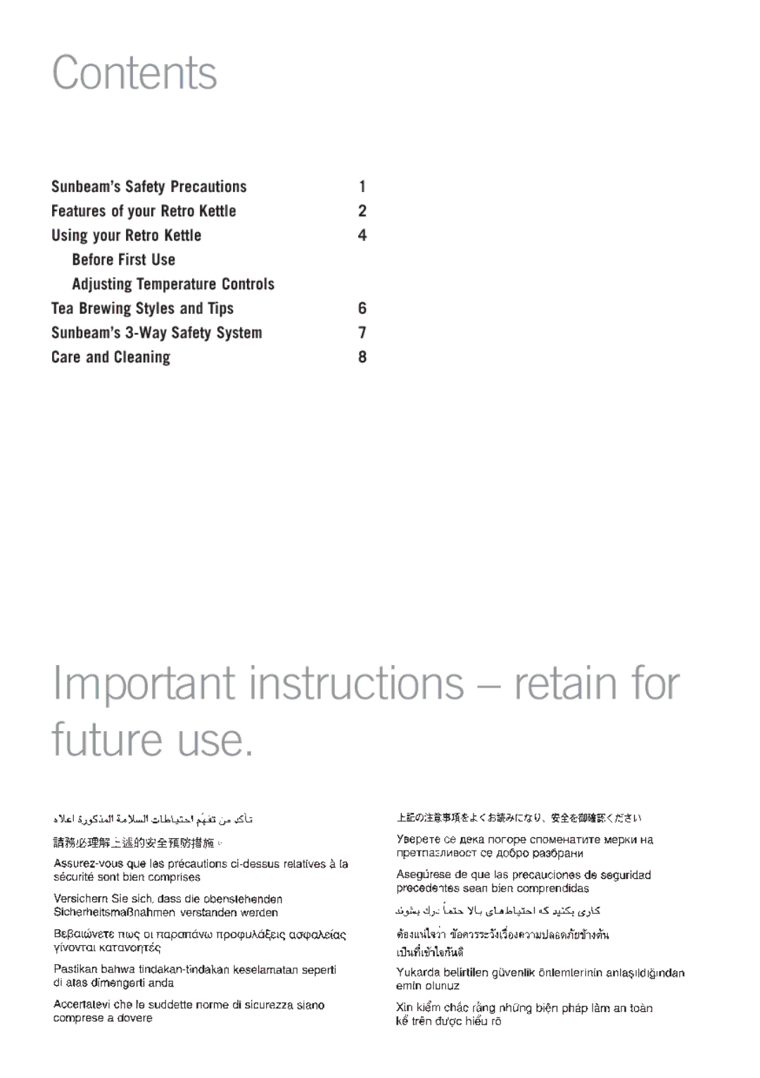 Sunbeam KE5200H, KE5200W, KE5200B, KE5200C manual Contents, Important instructions retain for future use 