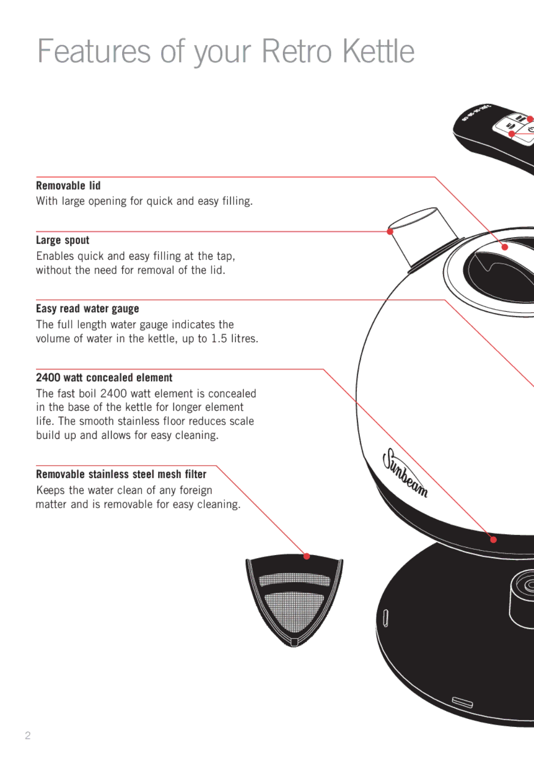 Sunbeam KE5200W, KE5200B, KE5200H, KE5200C manual Features of your Retro Kettle 