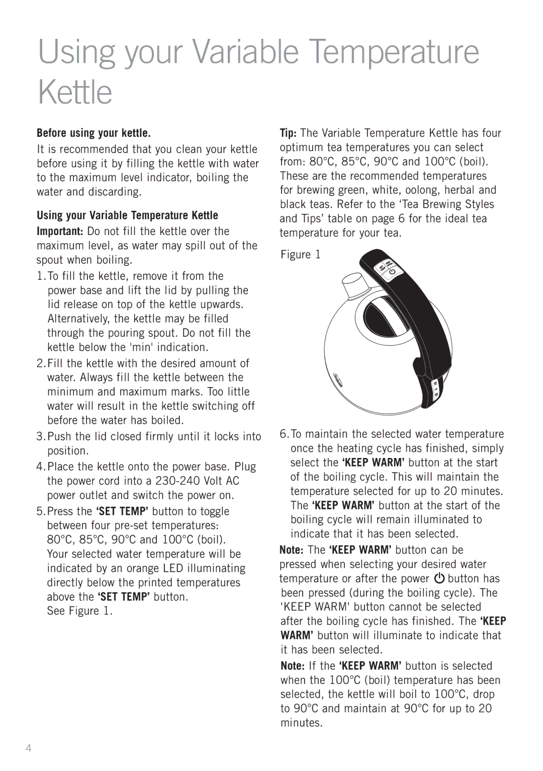 Sunbeam KE5200H, KE5200W, KE5200B, KE5200C manual Using your Variable Temperature Kettle, Before using your kettle 