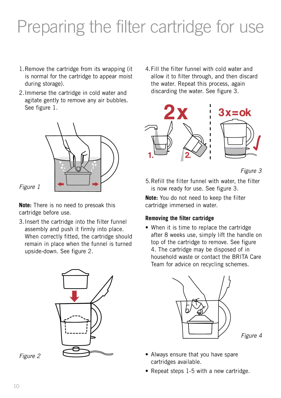 Sunbeam KE5300 manual Preparing the filter cartridge for use, Removing the filter cartridge 