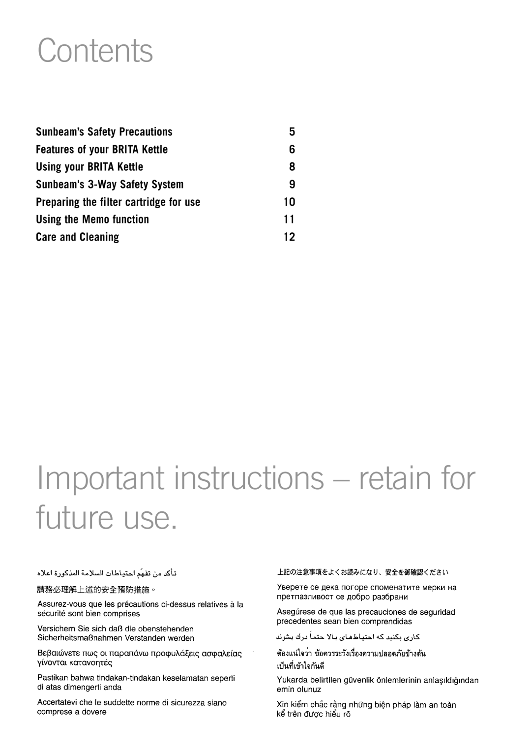 Sunbeam KE5300 manual Contents, Important instructions retain for future use 