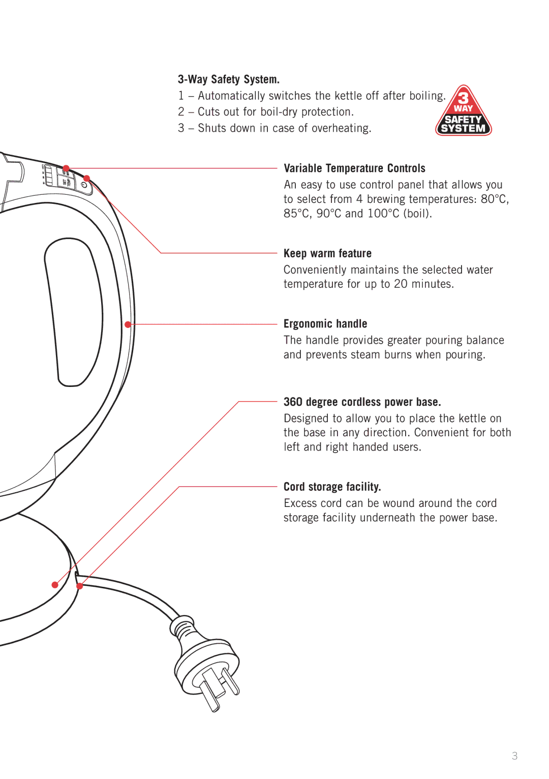 Sunbeam KE5400 manual Way Safety System, Variable Temperature Controls, Keep warm feature, Ergonomic handle 