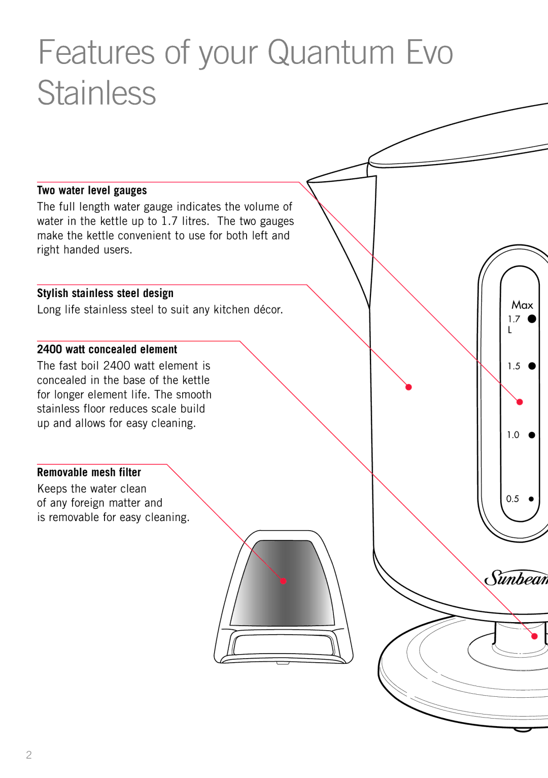 Sunbeam KE6300 manual Features of your Quantum Evo Stainless, Two water level gauges, Stylish stainless steel design 