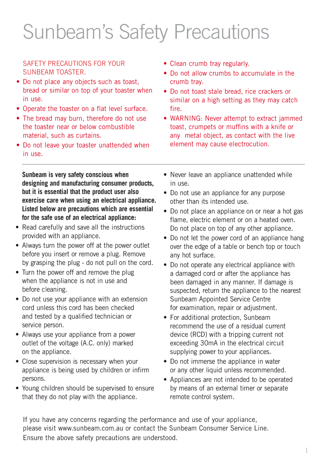 Sunbeam KE6300 manual Sunbeam’s Safety Precautions, Safety Precautions for Your Sunbeam Toaster 