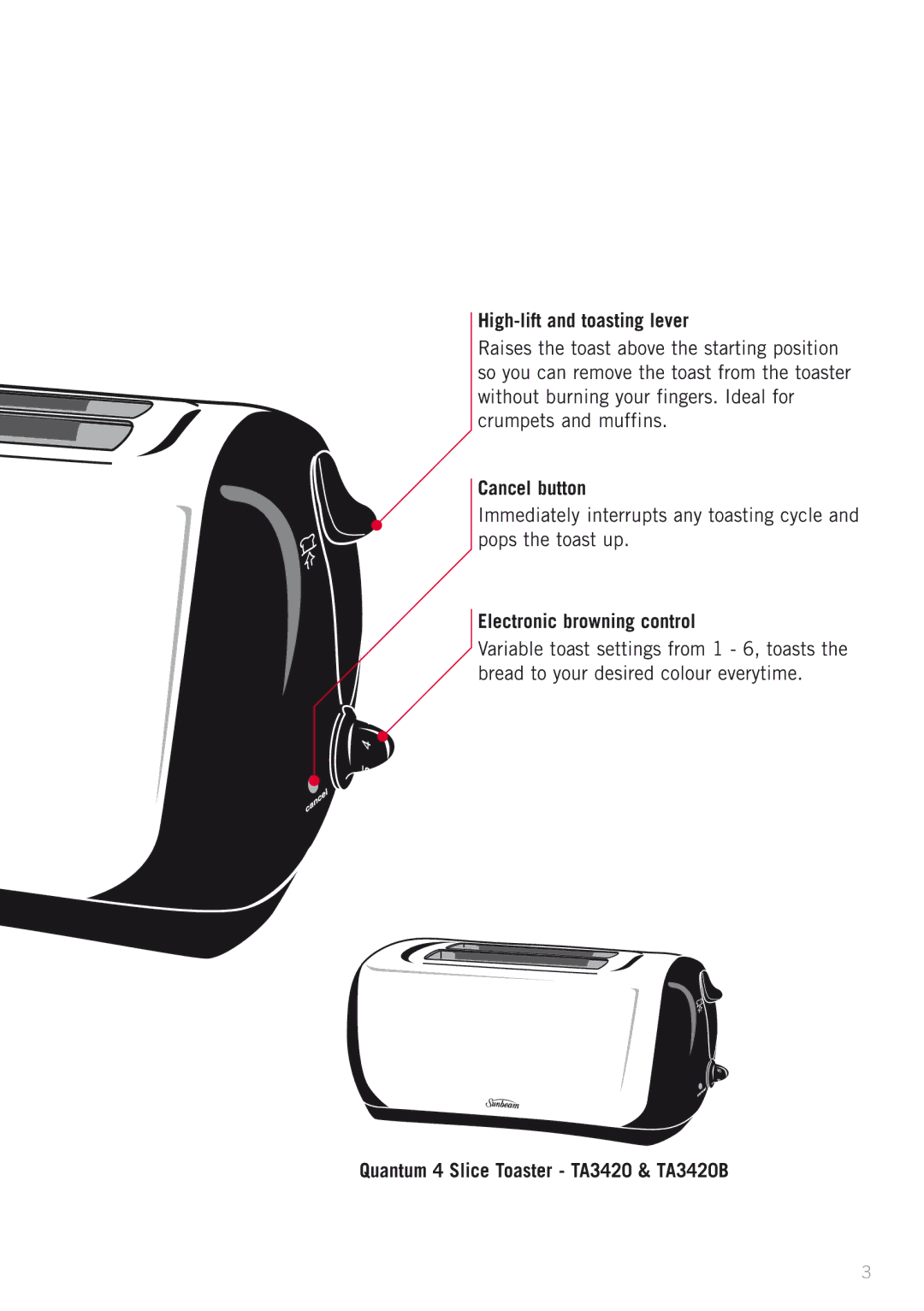 Sunbeam KE6300 manual High-lift and toasting lever, Cancel button, Electronic browning control 