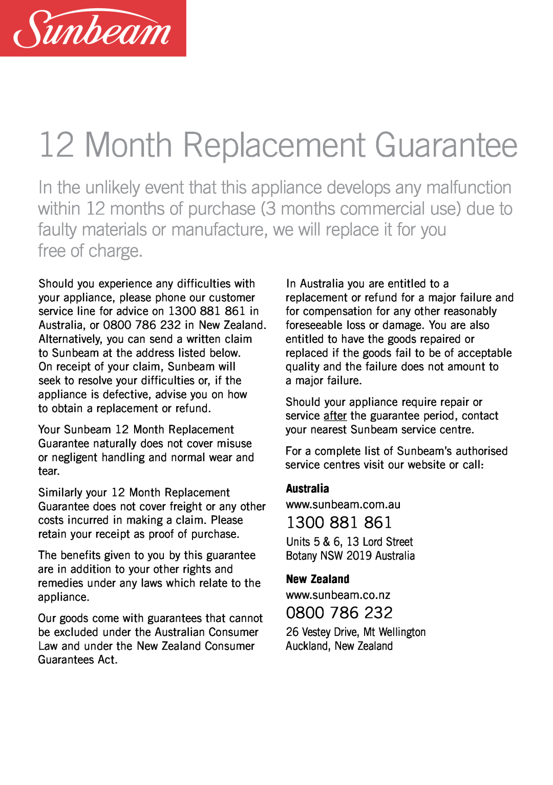 Sunbeam KE6400P manual Month Replacement Guarantee, 1300, 0800, free of charge, Australia, New Zealand 