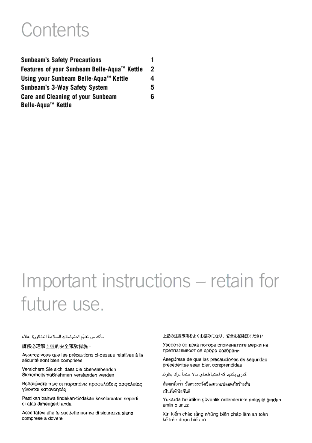 Sunbeam KE7110 manual Contents, Important instructions retain for future use 