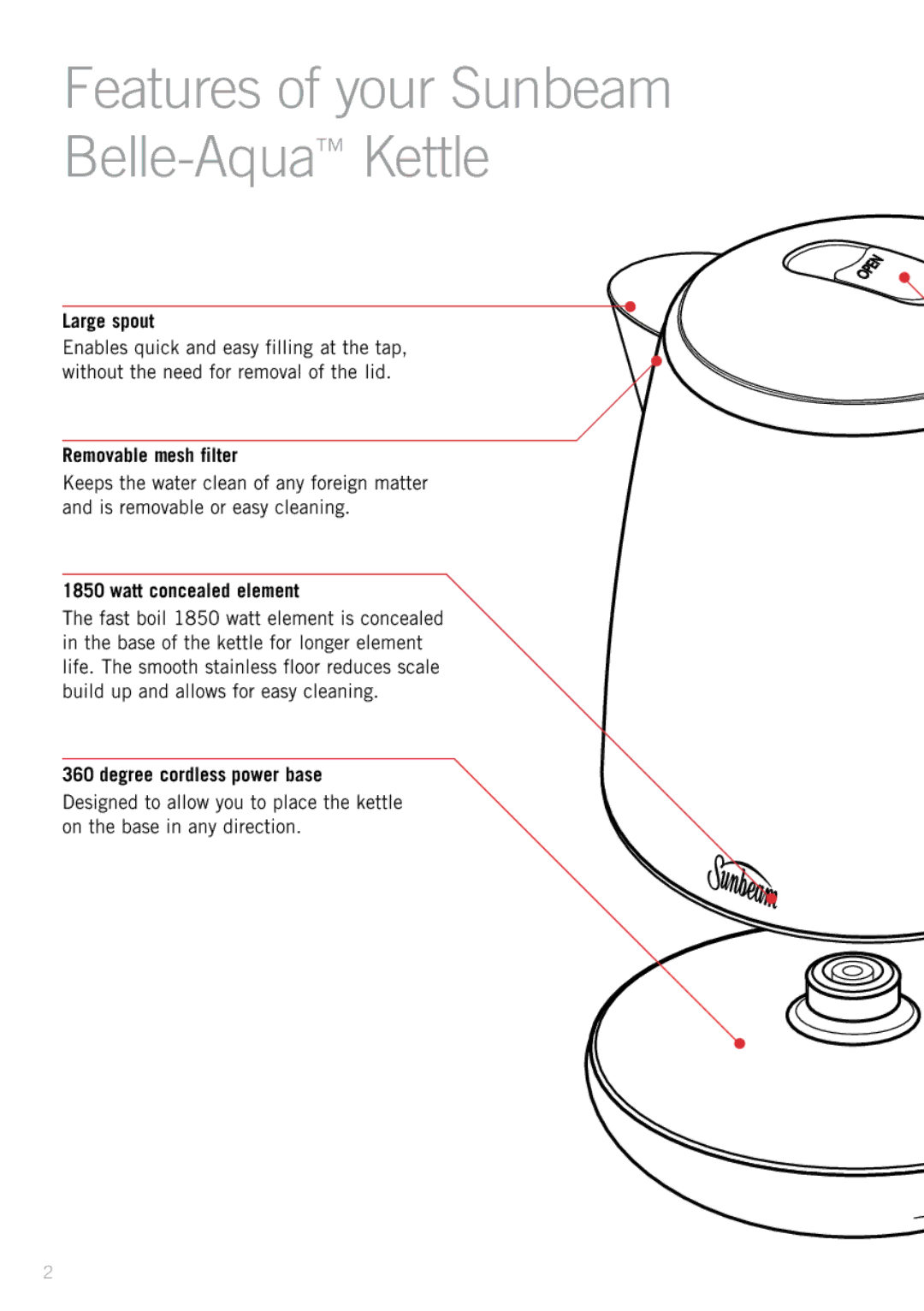 Sunbeam KE7110 manual Large spout, Removable mesh filter, Watt concealed element, Degree cordless power base 