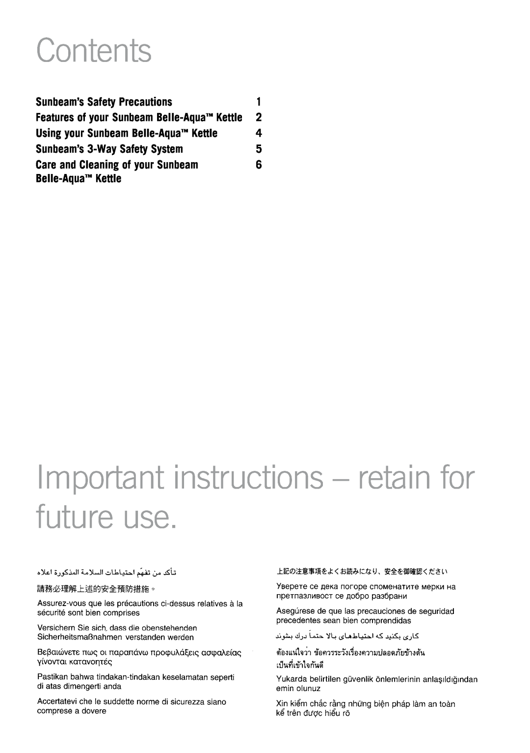 Sunbeam KE7110 Contents, Important instructions - retain for future use, Sunbeam’s Safety Precautions, Belle-Aqua Kettle 