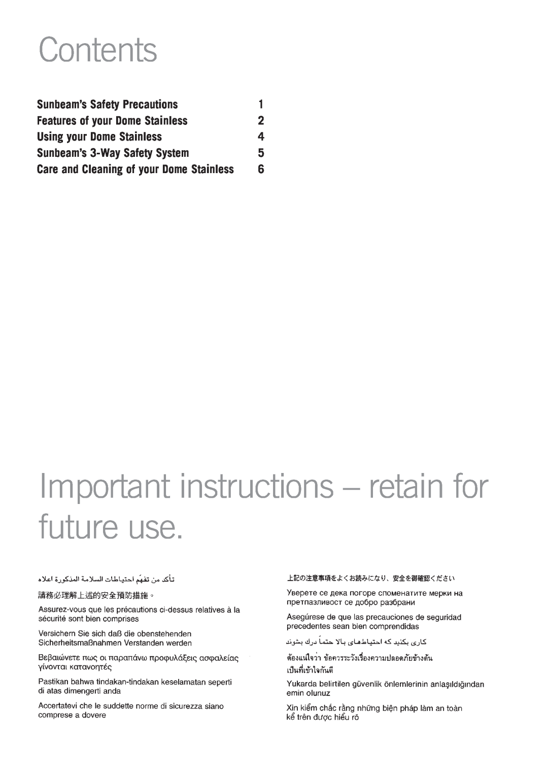 Sunbeam KE7350 manual Contents, Important instructions - retain for future use, Sunbeam’s Safety Precautions 