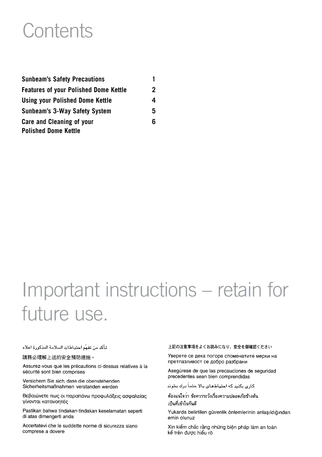 Sunbeam KE7380 manual Contents, Important instructions retain for future use 