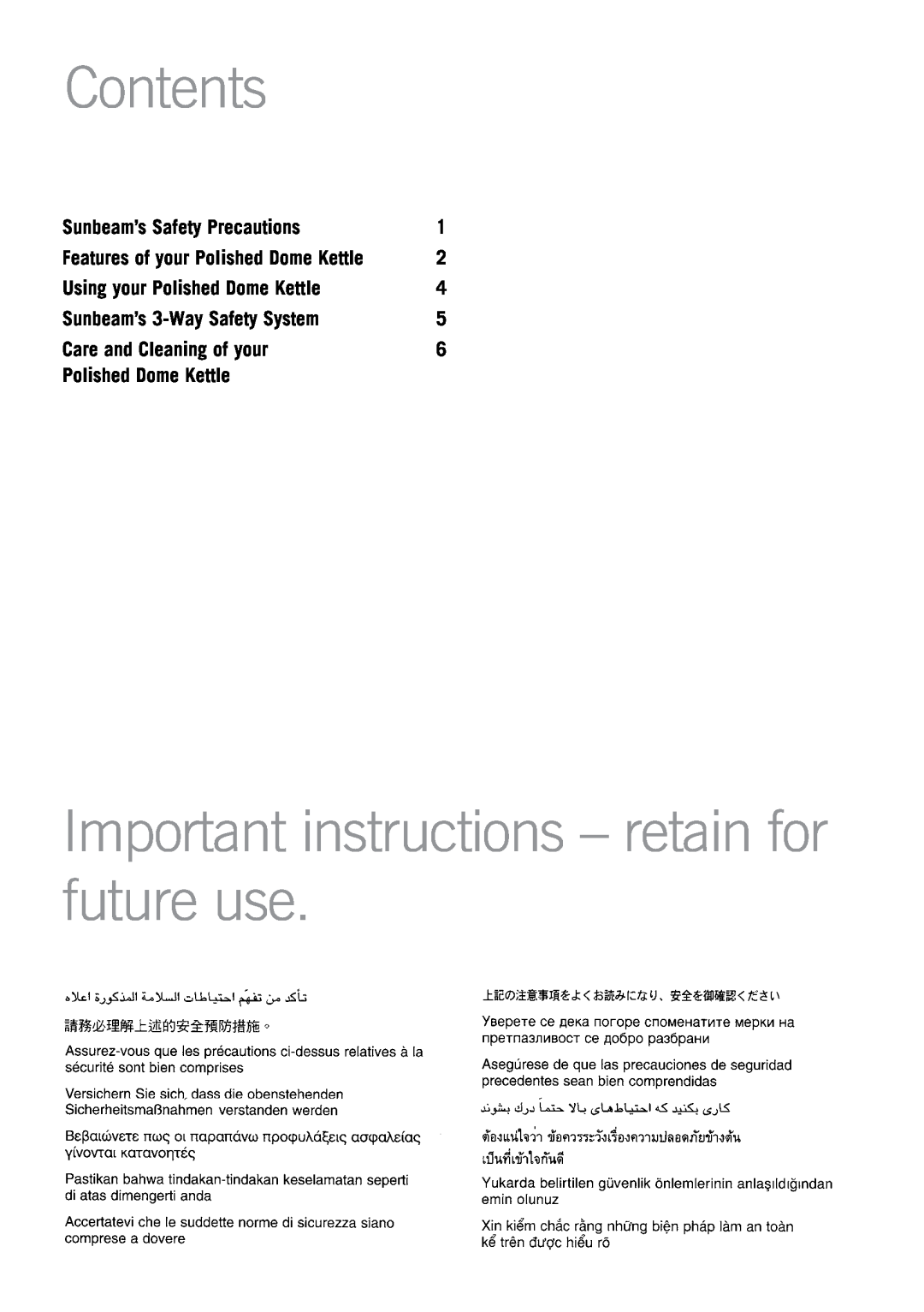 Sunbeam KE7380 manual Contents, Important instructions - retain for future use, Sunbeam’s Safety Precautions 