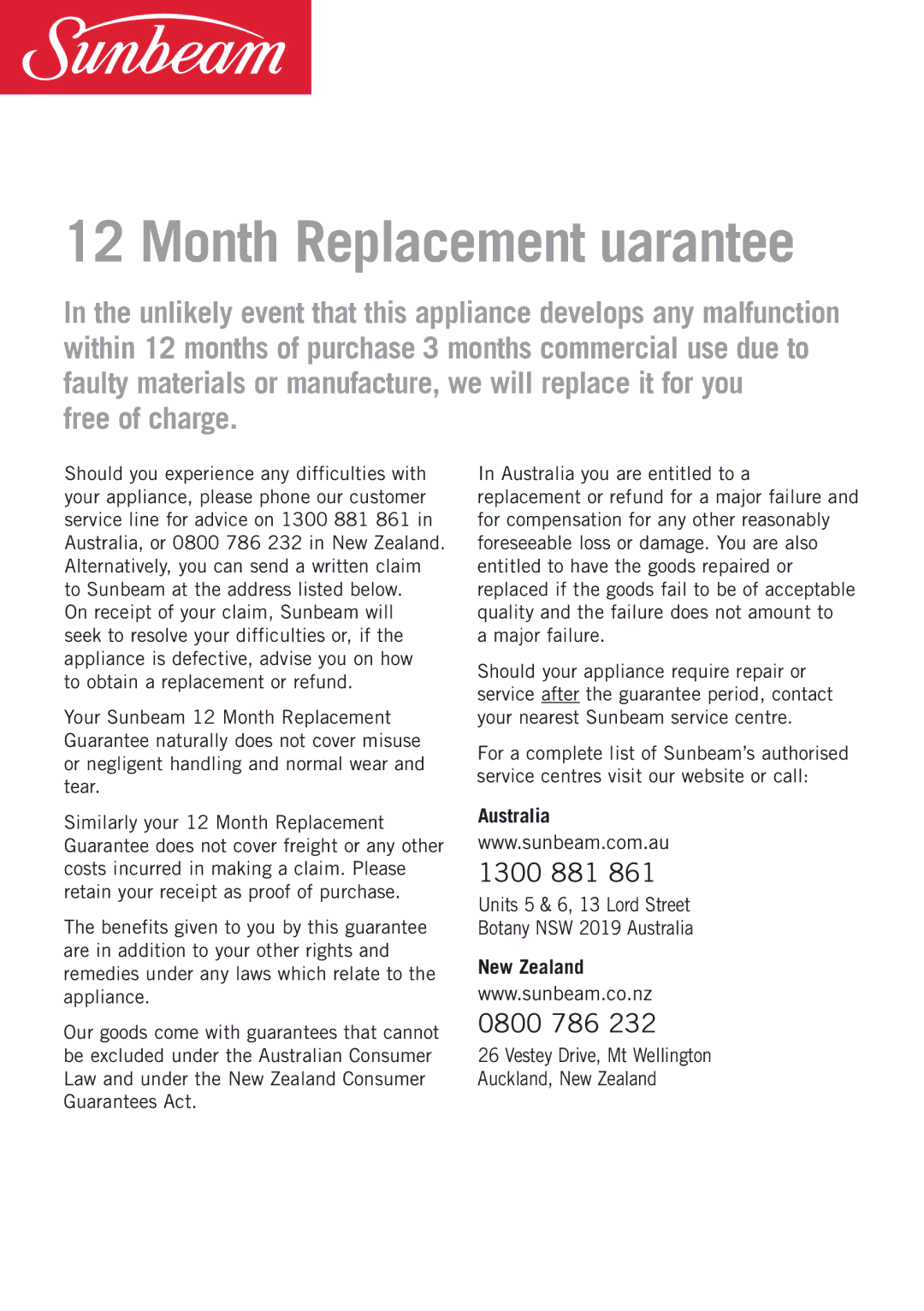 Sunbeam KE7500S manual Month Replacement Guarantee, Australia, New Zealand 