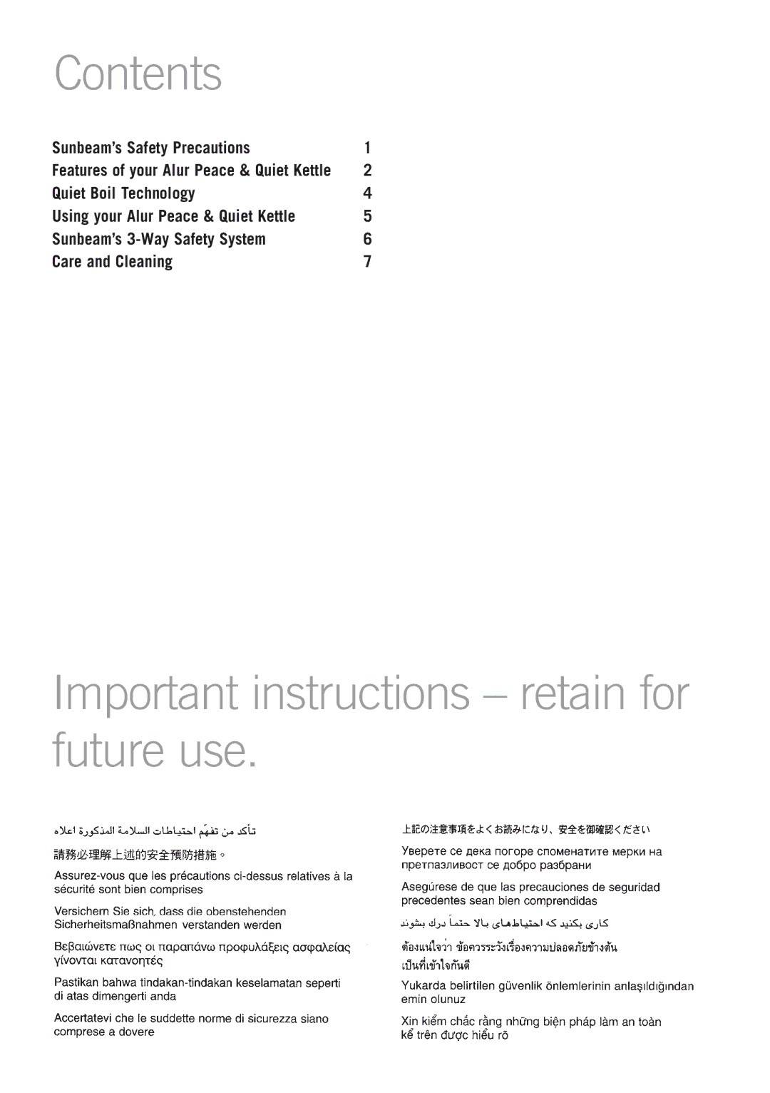 Sunbeam KE7500S manual Contents, Important instructions retain for future use 