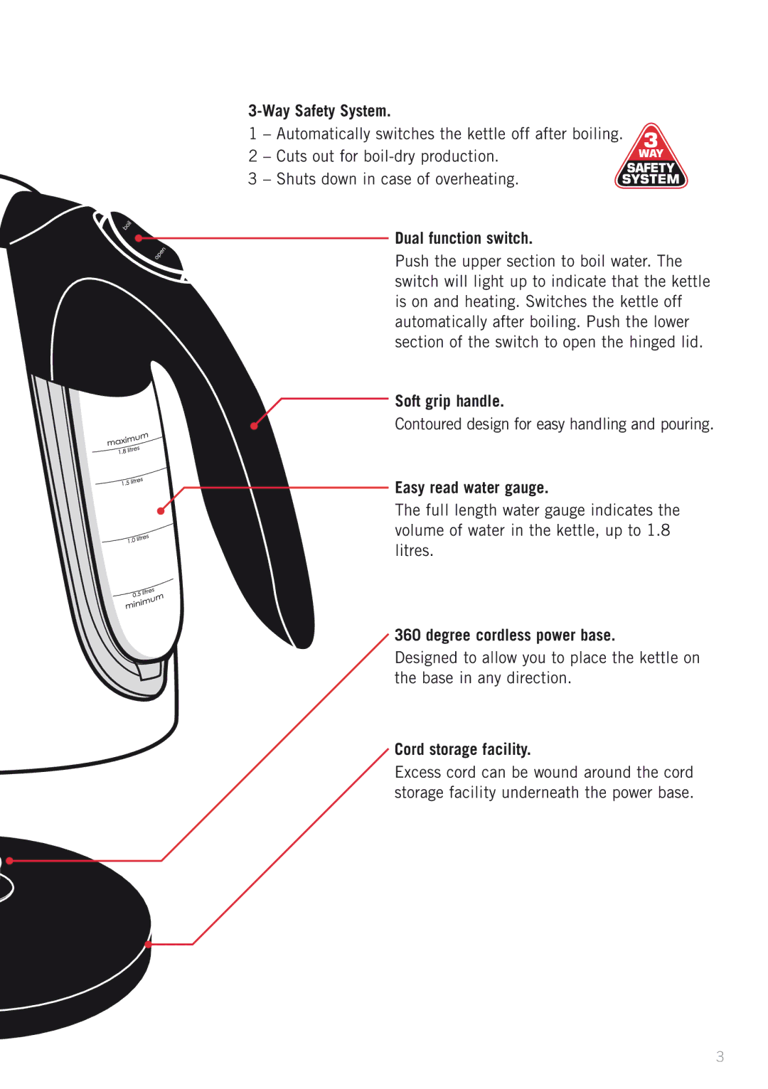 Sunbeam KE7500S Way Safety System, Dual function switch, Soft grip handle, Easy read water gauge, Cord storage facility 