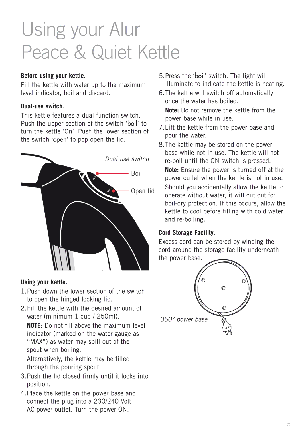 Sunbeam KE7500S manual Before using your kettle, Dual-use switch, Boil Open lid, Using your kettle 