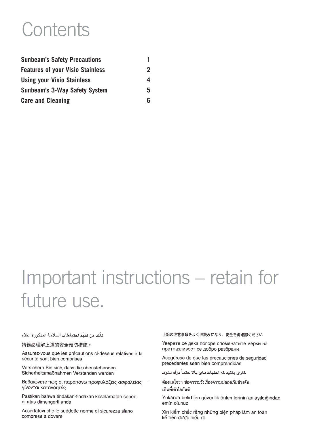 Sunbeam KE7600B manual Contents, Important instructions retain for future use 