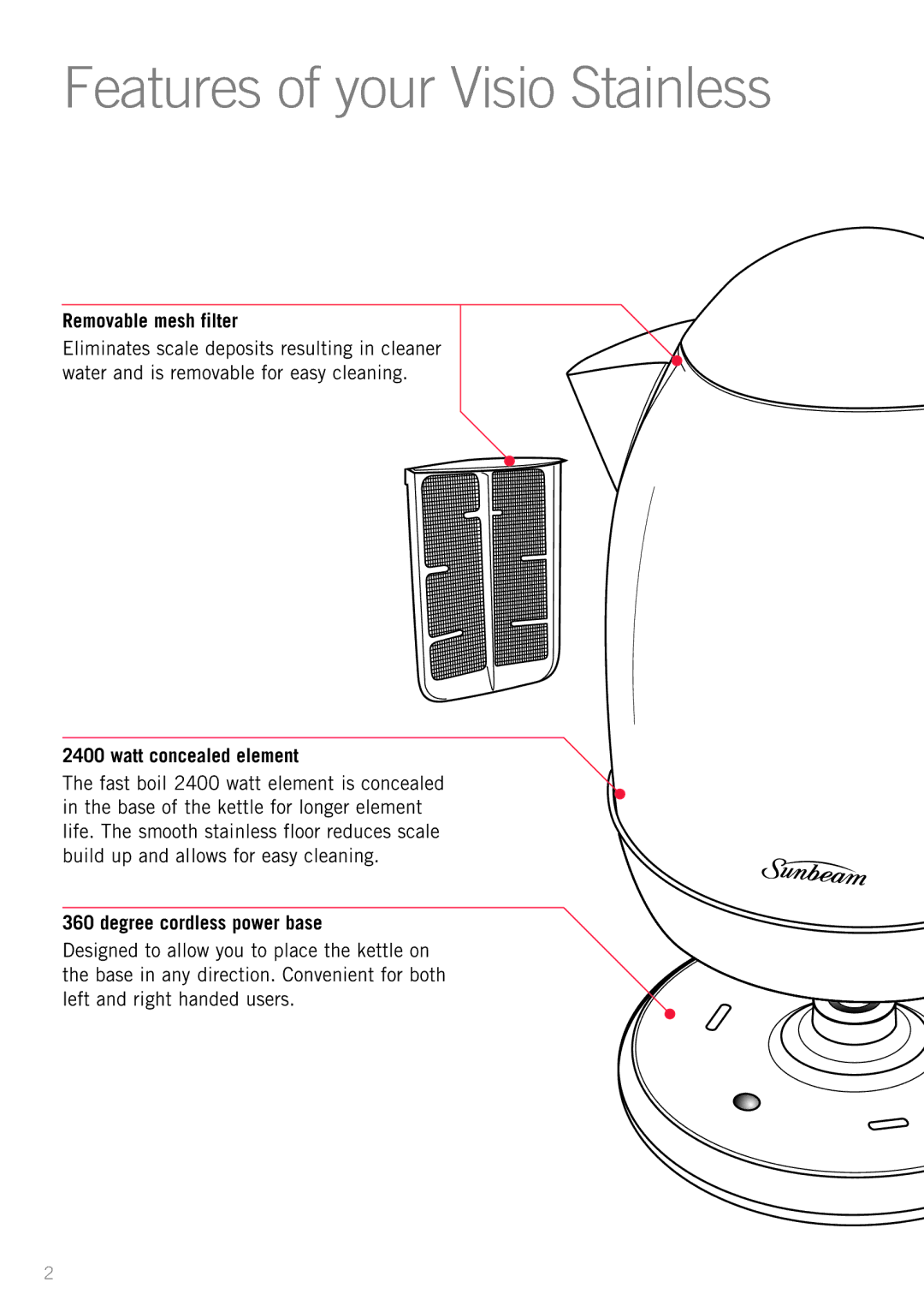 Sunbeam KE7600B manual Features of your Visio Stainless, Removable mesh filter, Watt concealed element 