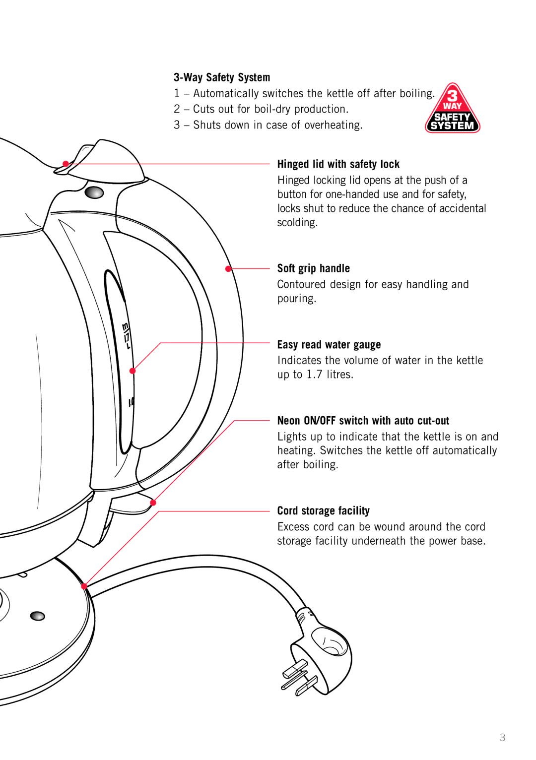 Sunbeam KE7600B manual Way Safety System, Hinged lid with safety lock, Soft grip handle, Easy read water gauge 