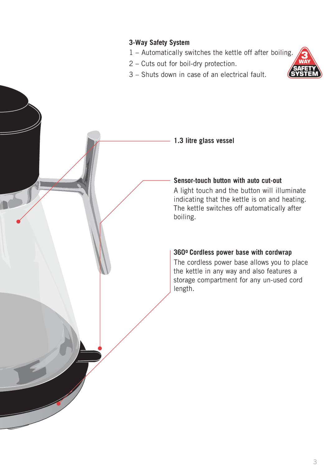 Sunbeam KE9400 specifications Way Safety System, Litre glass vessel Sensor-touch button with auto cut-out 