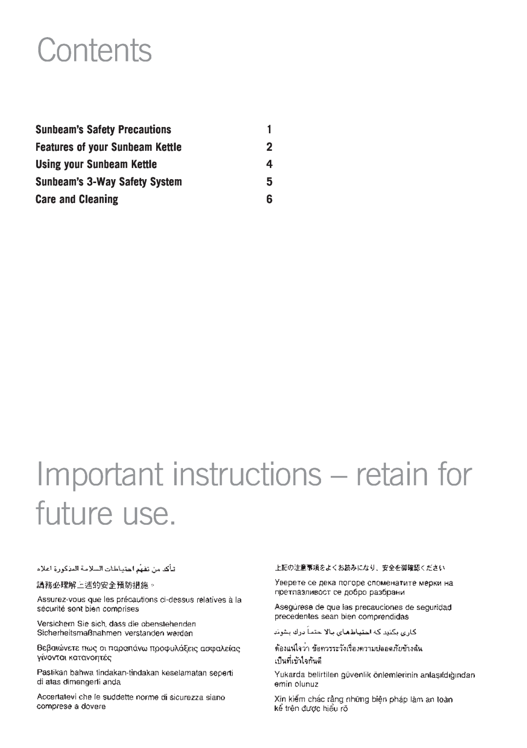 Sunbeam KE9400 Contents, Important instructions - retain for future use, Sunbeam’s Safety Precautions, Care and Cleaning 