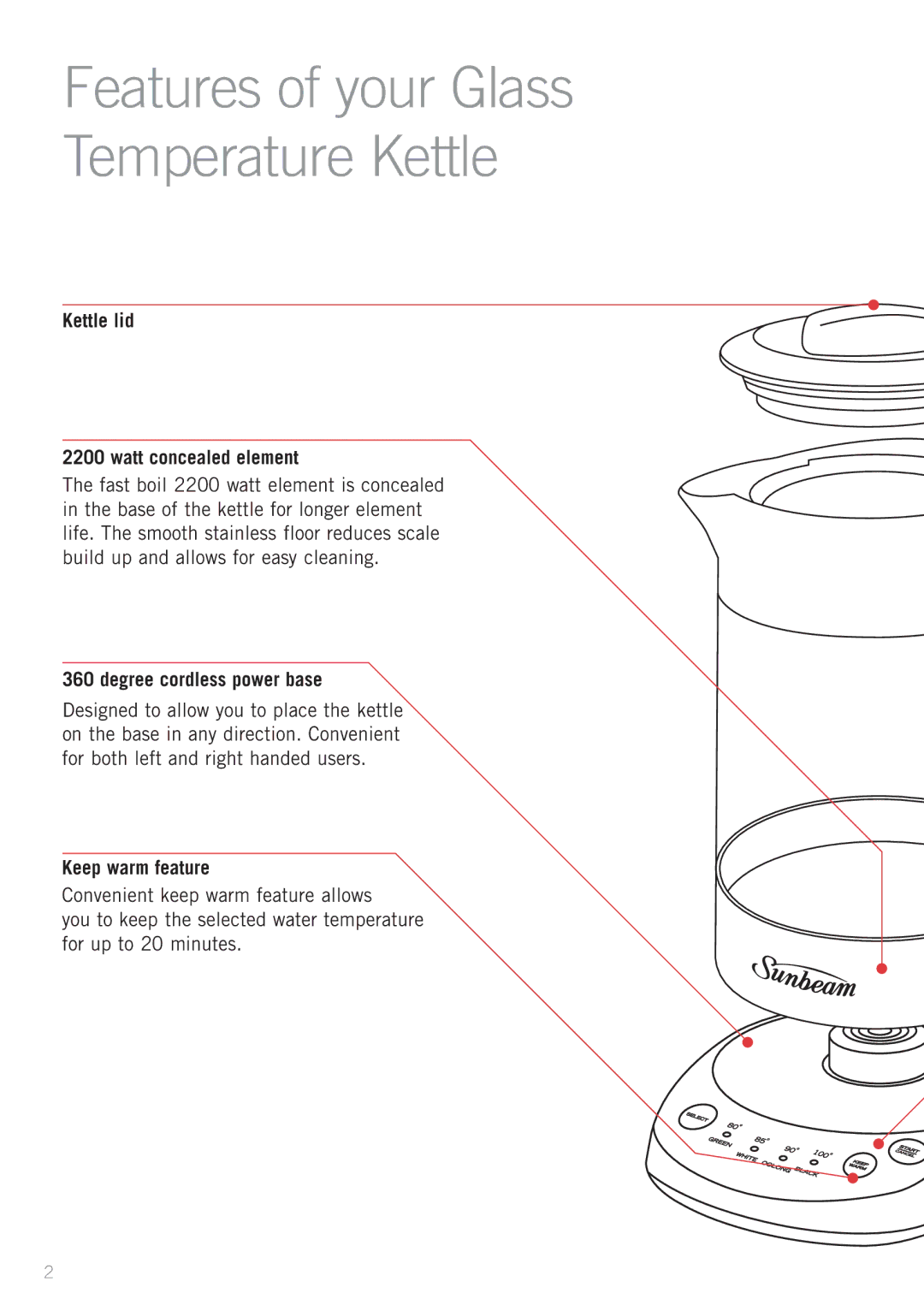 Sunbeam KE9450 manual Kettle lid Watt concealed element, Degree cordless power base, Keep warm feature 