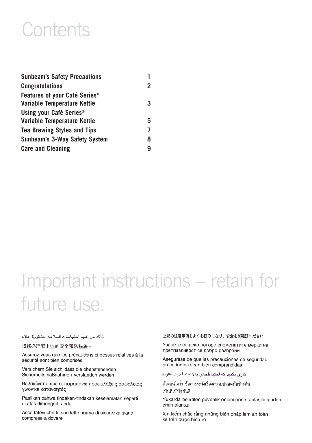 Sunbeam KE9600 manual Contents, Important instructions retain for future use 