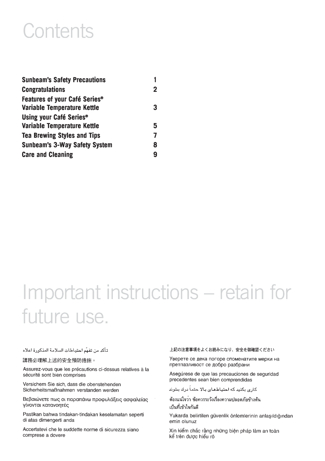Sunbeam KE9600 Contents, Important instructions - retain for future use, Sunbeam’s Safety Precautions, Congratulations 