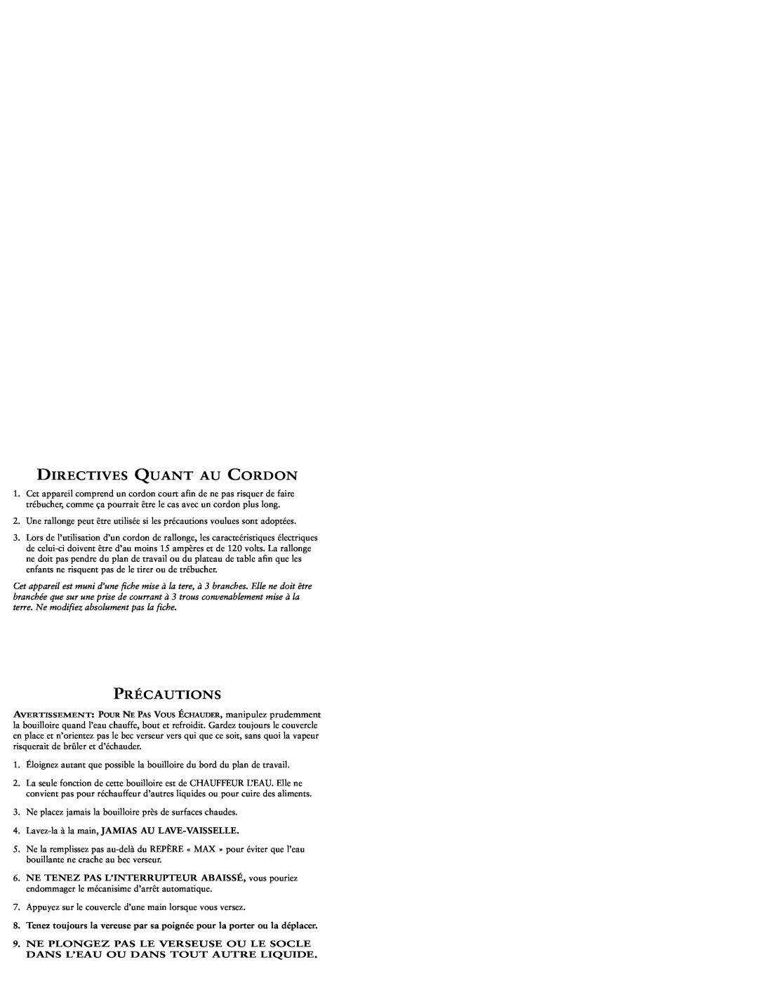 Sunbeam KJX17CL user manual Directives Quant Au Cordon, Précautions 