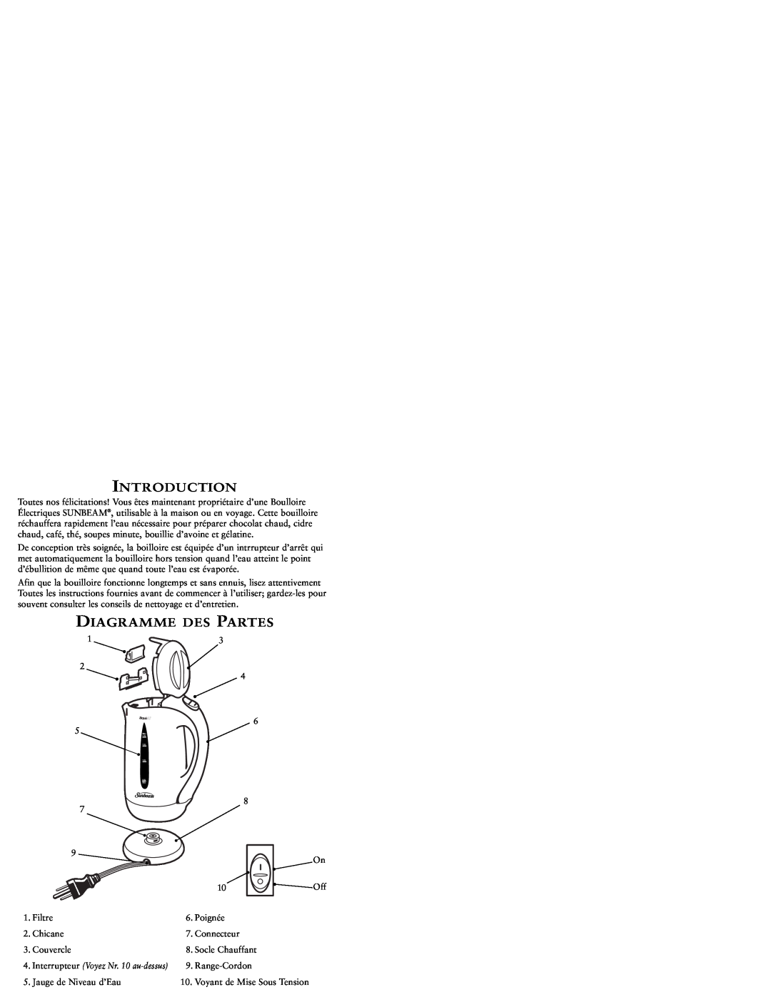 Sunbeam KJX17CL user manual Diagramme Des Partes, Introduction, Filtre 