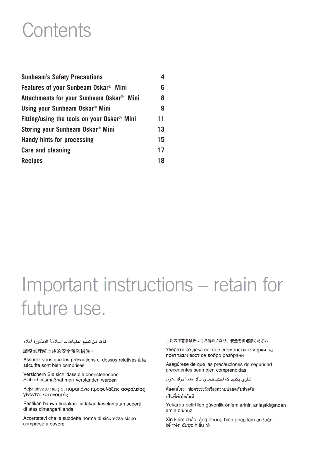 Sunbeam LC3200 manual Contents, Important instructions retain for future use 