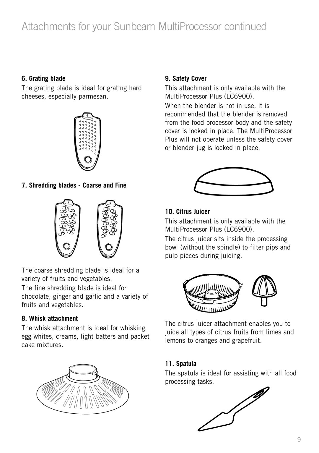 Sunbeam LC6200 manual Attachments for your Sunbeam MultiProcessor 