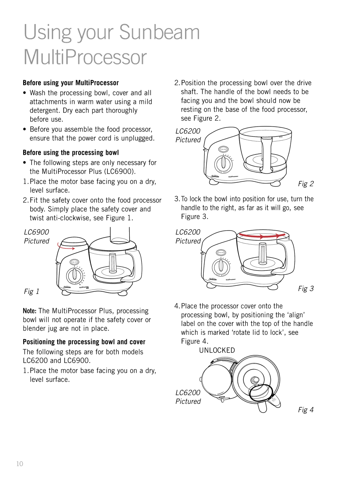 Sunbeam LC6200 manual Before using your MultiProcessor, Before using the processing bowl 