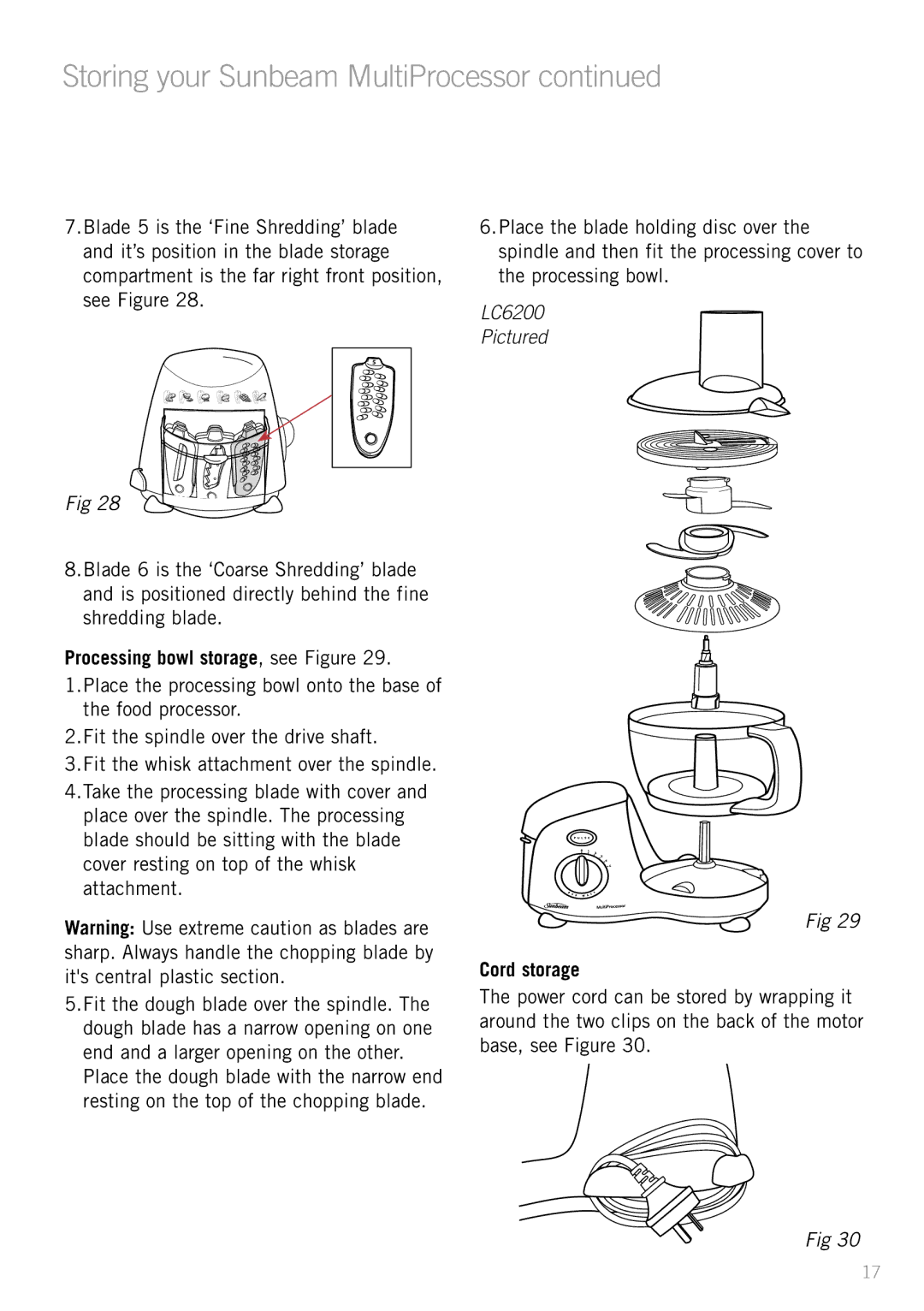 Sunbeam LC6200 manual Storing your Sunbeam MultiProcessor, Processing bowl storage, see Figure, Cord storage 