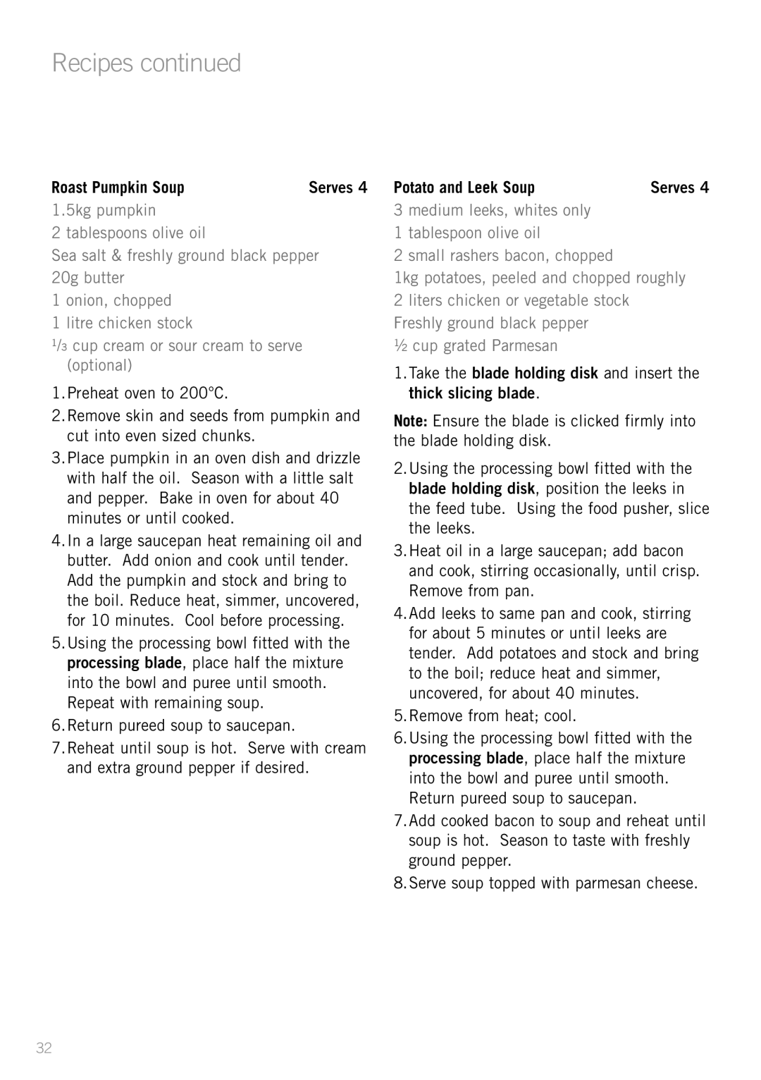 Sunbeam LC6200 manual Roast Pumpkin Soup, Potato and Leek Soup 