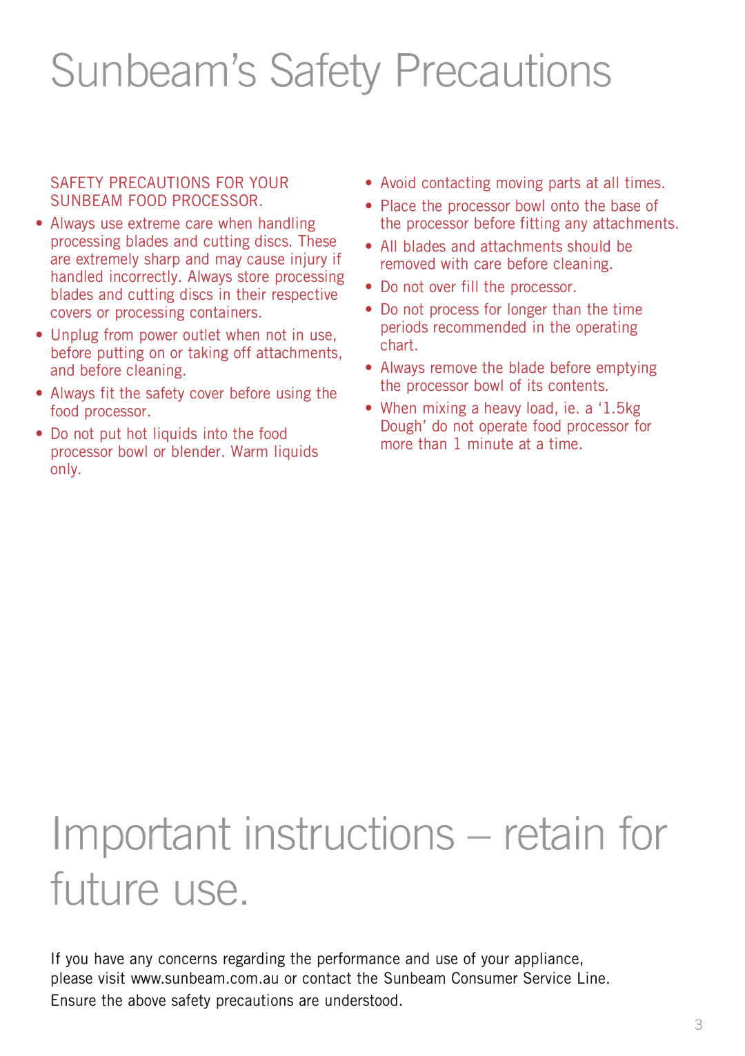 Sunbeam LC6200 manual Important instructions retain for future use, Safety Precautions for Your Sunbeam Food Processor 