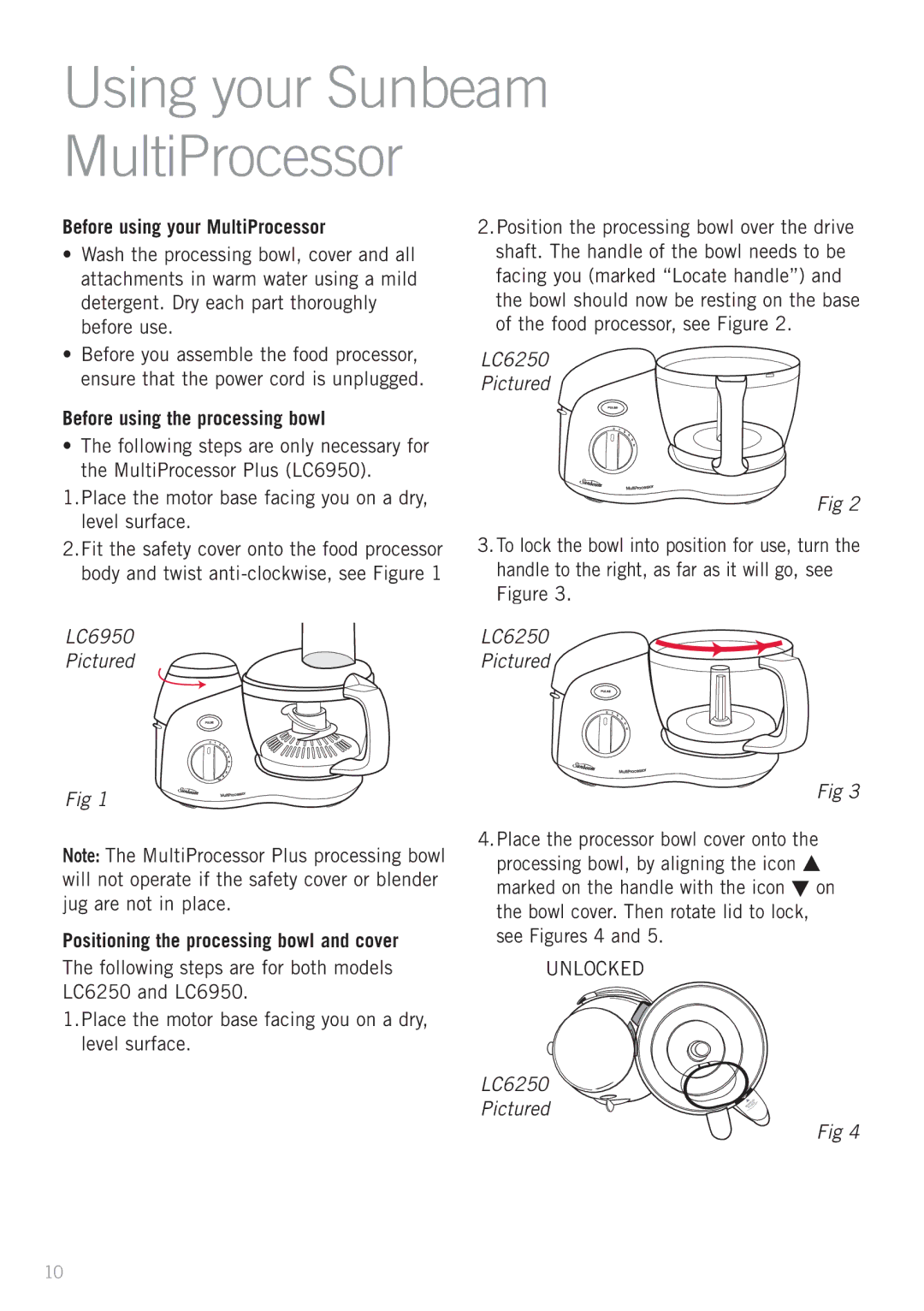 Sunbeam LC6250, LC6950 manual Before using your MultiProcessor, Before using the processing bowl 