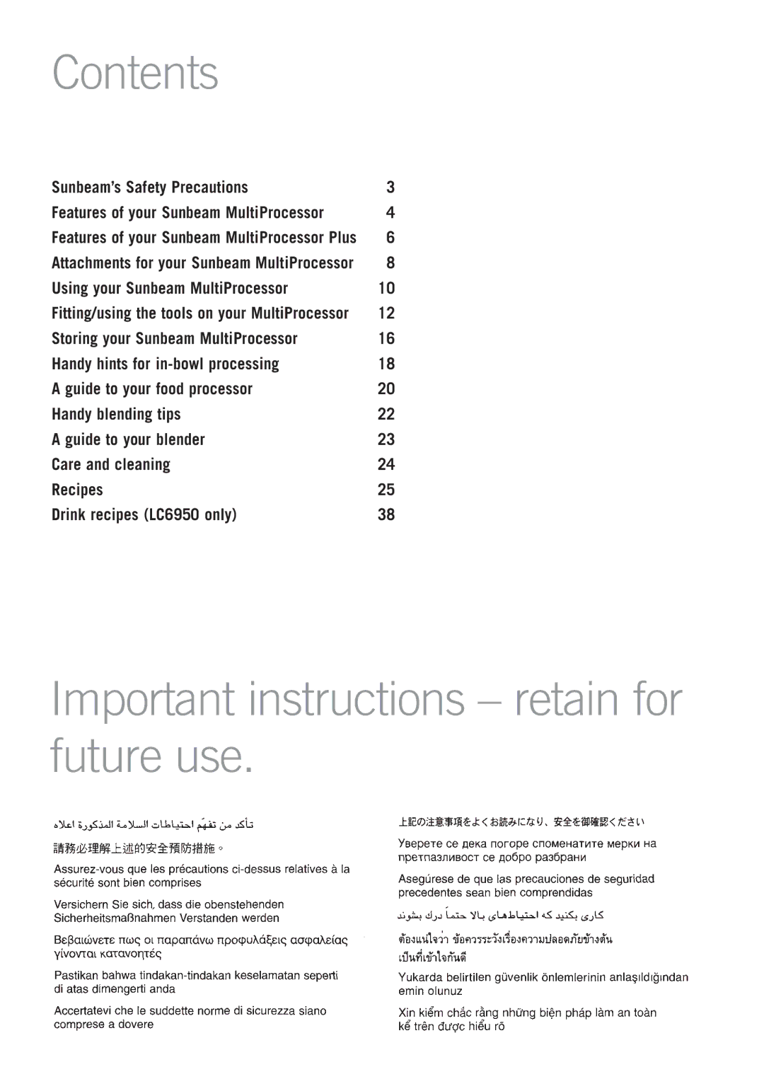 Sunbeam LC6250, LC6950 manual Contents, Important instructions retain for future use 