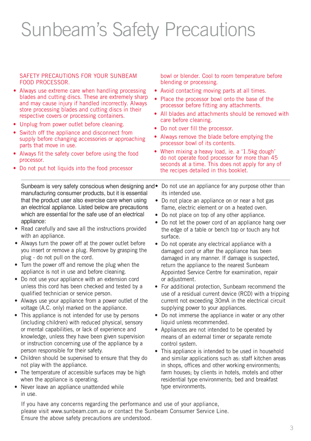 Sunbeam LC6950, LC6250 manual Sunbeam’s Safety Precautions, Safety Precautions for Your Sunbeam Food Processor 