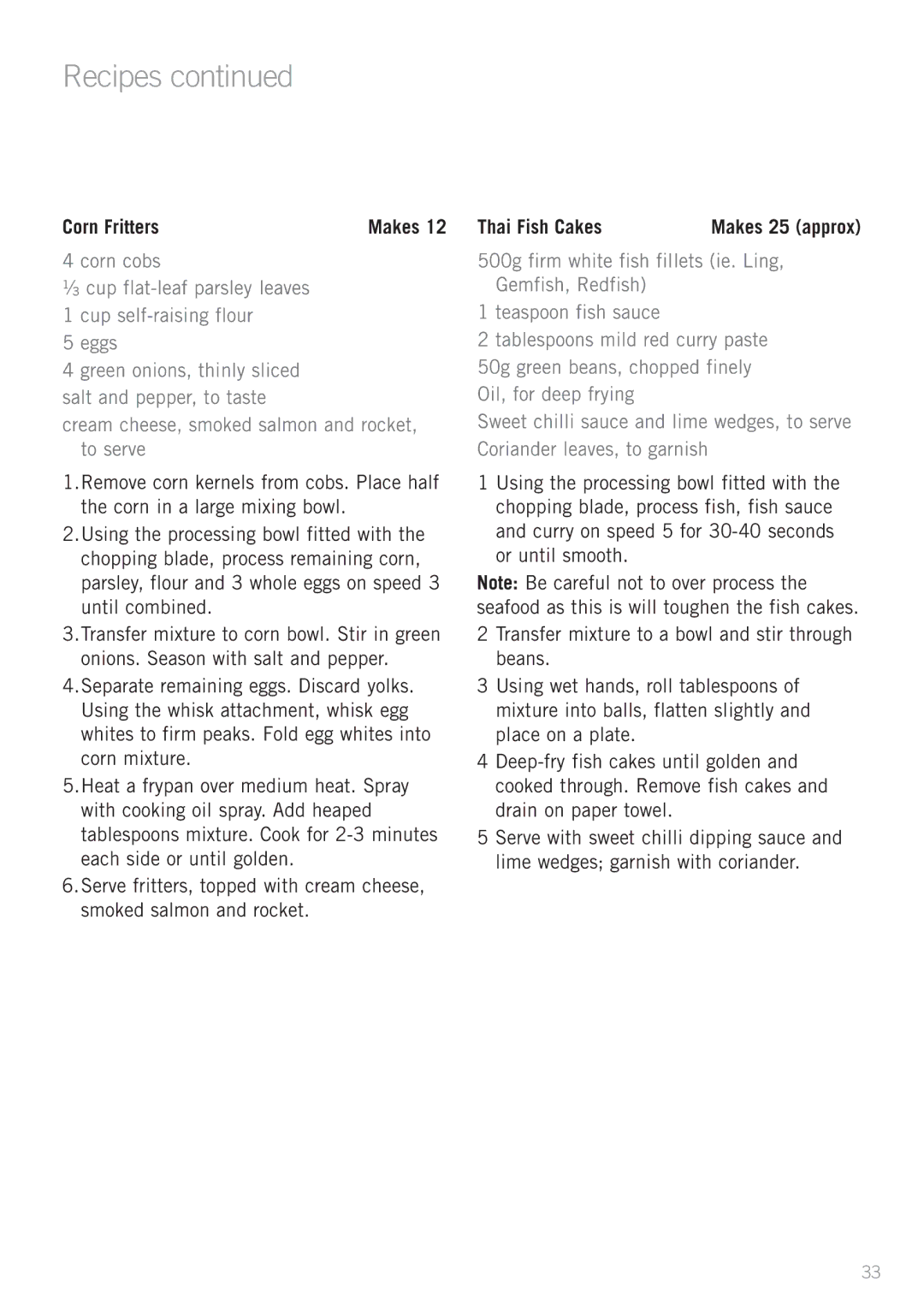 Sunbeam LC6950, LC6250 manual Corn Fritters, Thai Fish Cakes 