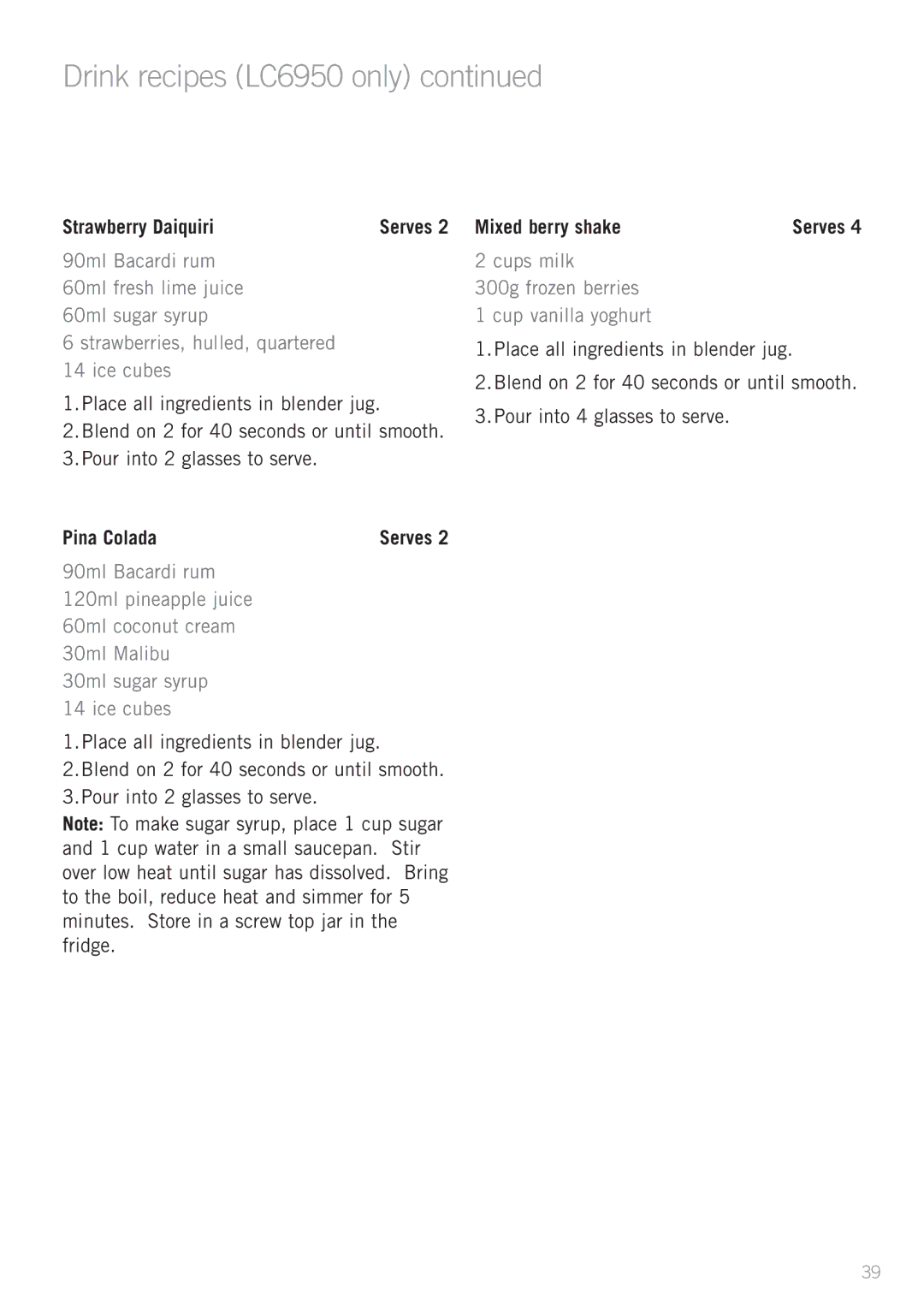 Sunbeam LC6250 manual Drink recipes LC6950 only, Strawberry Daiquiri, Mixed berry shake, Pina Colada 