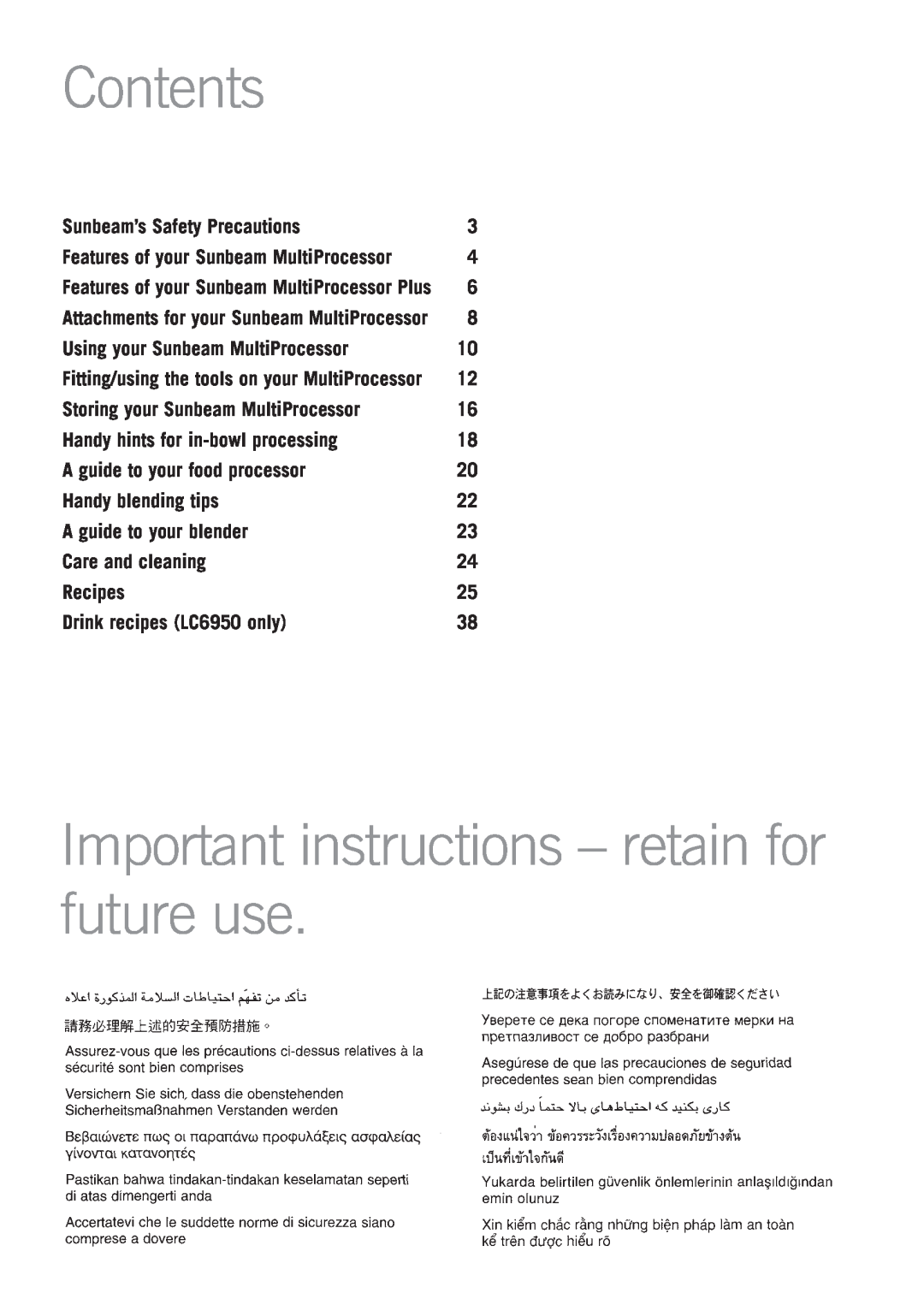 Sunbeam LC6250 Contents, Important instructions - retain for future use, Sunbeam’s Safety Precautions, Handy blending tips 