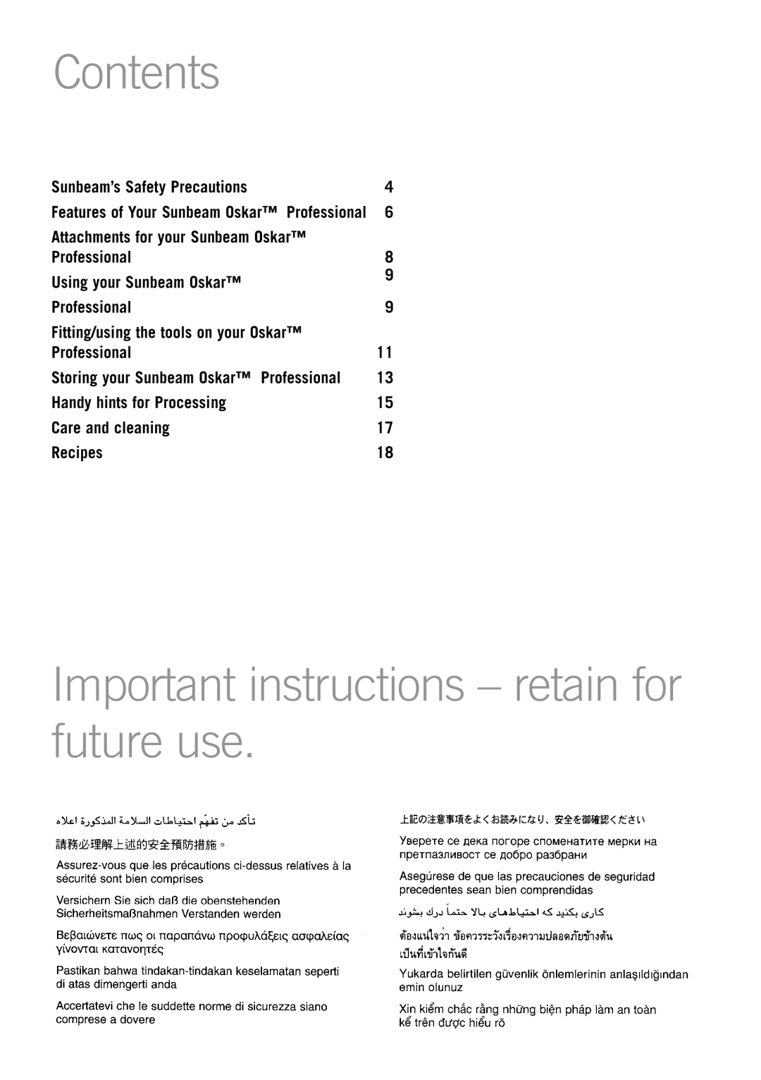 Sunbeam LC7600 manual Contents, Important instructions retain for future use 