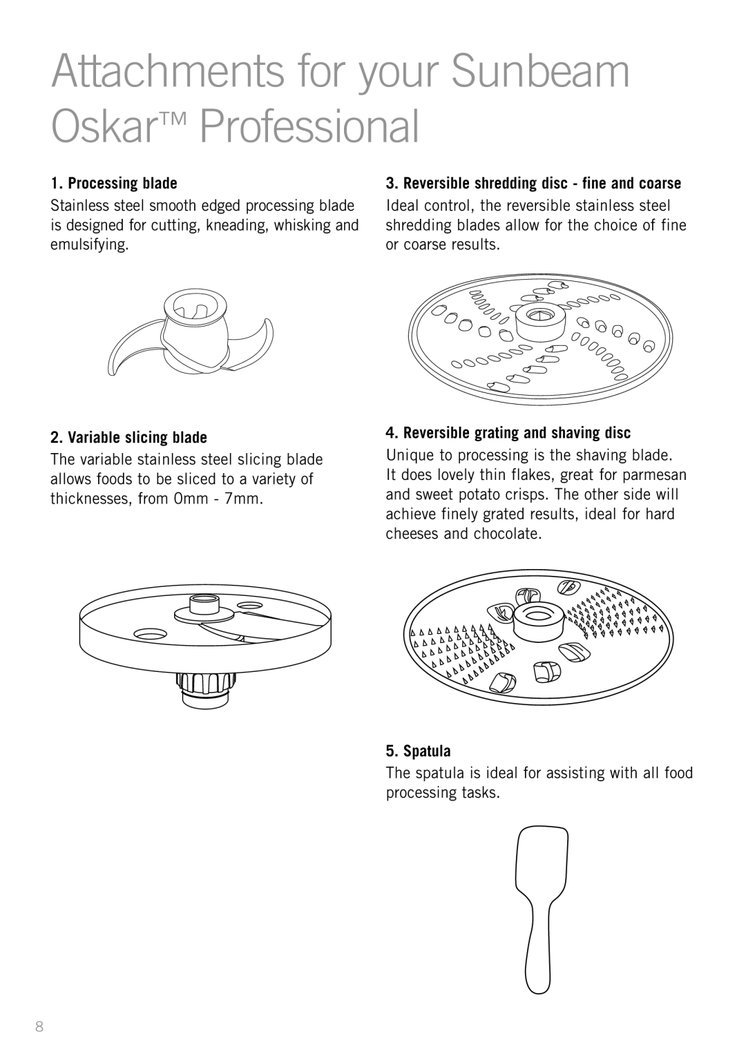 Sunbeam LC7600 manual Processing blade, Reversible shredding disc fine and coarse, Variable slicing blade, Spatula 