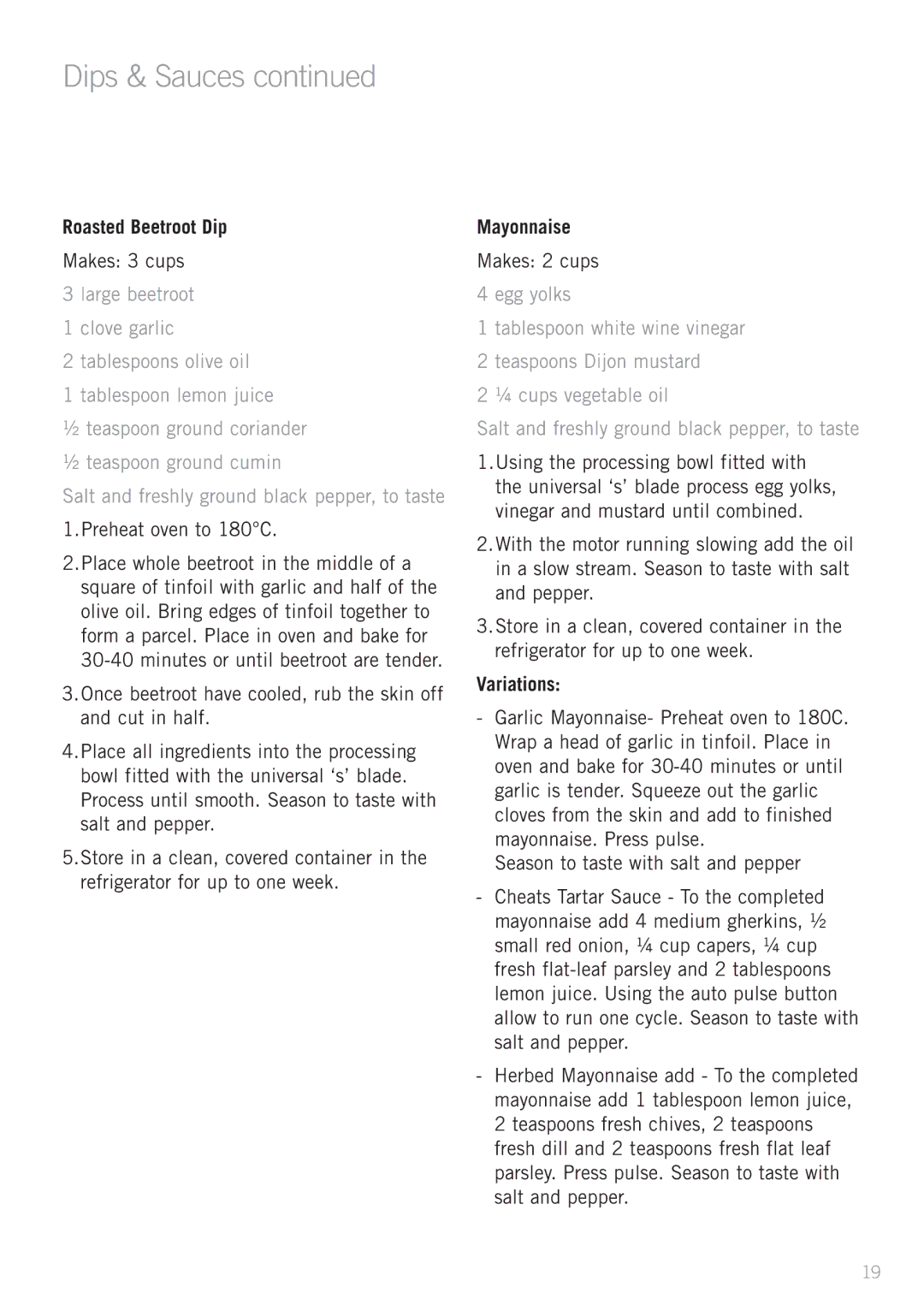 Sunbeam LC7900 manual Dips & Sauces, Roasted Beetroot Dip, Mayonnaise, Variations 