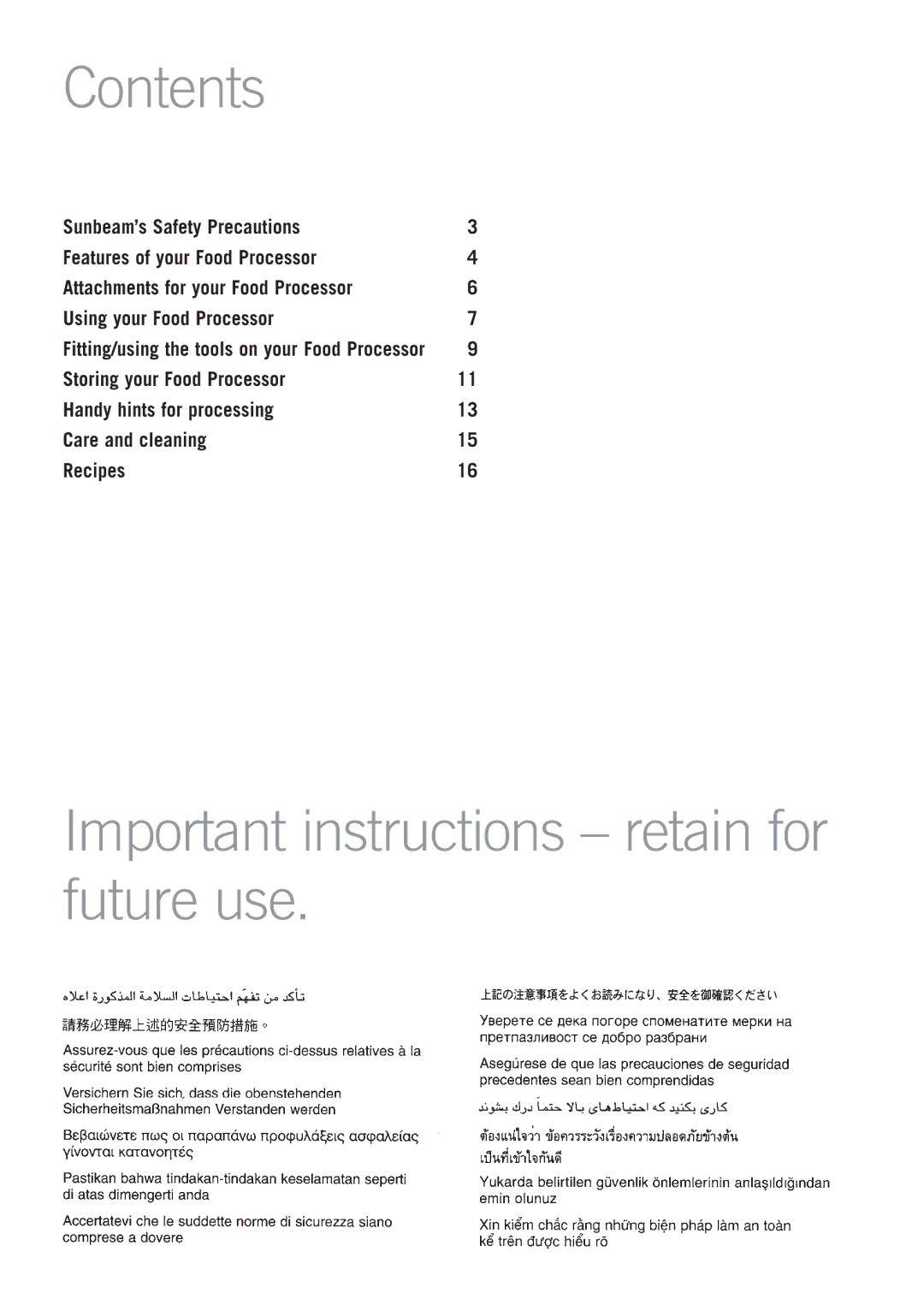 Sunbeam LC7900 manual Contents, Important instructions retain for future use 