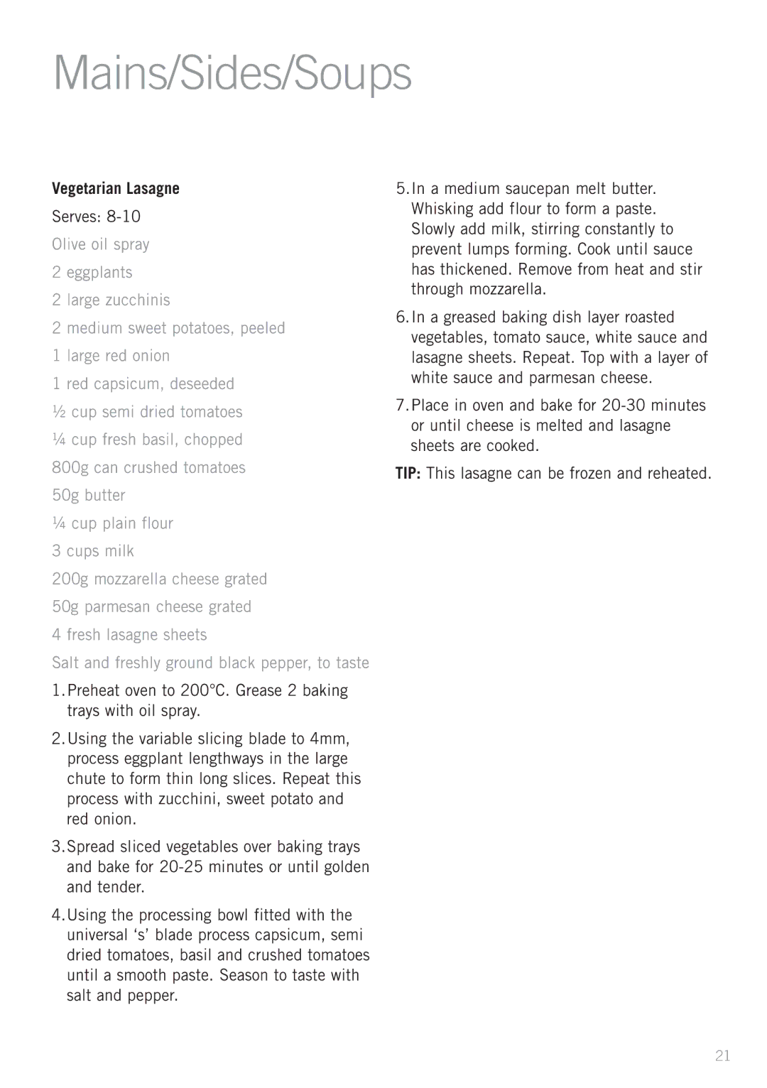 Sunbeam LC7900 manual Mains/Sides/Soups, Vegetarian Lasagne 